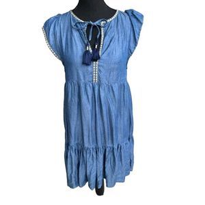 Tommy Bahama Women's Blue Boho Embroidered Tassel Tiered Tencel Dress Size Small